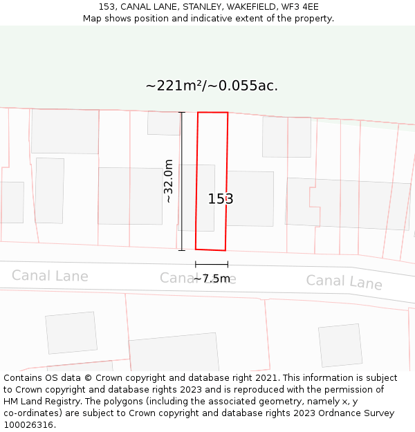 153, CANAL LANE, STANLEY, WAKEFIELD, WF3 4EE: Plot and title map