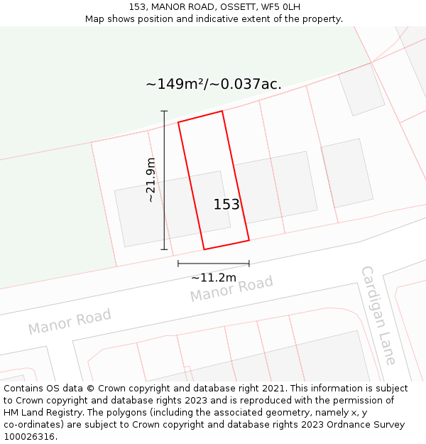 153, MANOR ROAD, OSSETT, WF5 0LH: Plot and title map