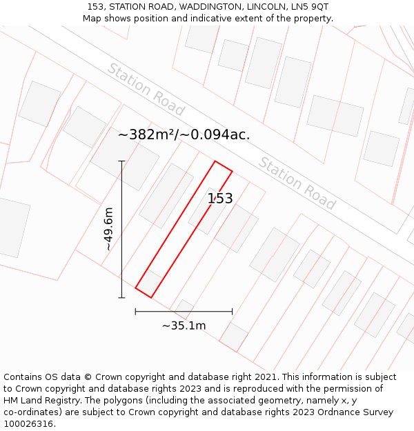 153, STATION ROAD, WADDINGTON, LINCOLN, LN5 9QT: Plot and title map