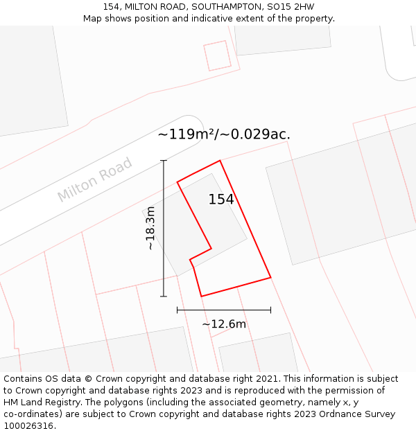 154, MILTON ROAD, SOUTHAMPTON, SO15 2HW: Plot and title map
