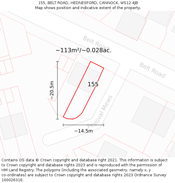 155, BELT ROAD, HEDNESFORD, CANNOCK, WS12 4JB: Plot and title map