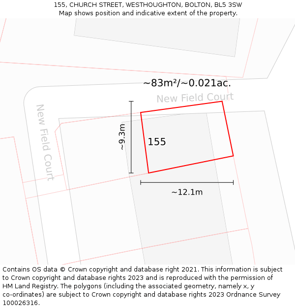 155, CHURCH STREET, WESTHOUGHTON, BOLTON, BL5 3SW: Plot and title map