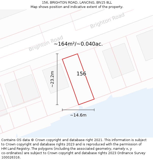 156, BRIGHTON ROAD, LANCING, BN15 8LL: Plot and title map