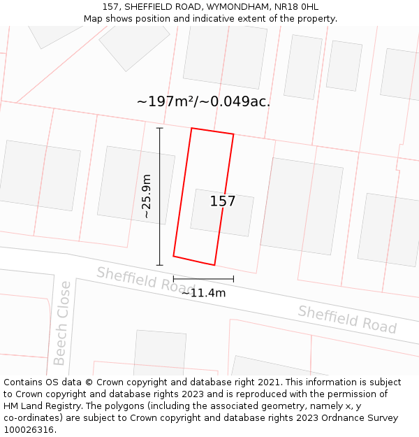 157, SHEFFIELD ROAD, WYMONDHAM, NR18 0HL: Plot and title map