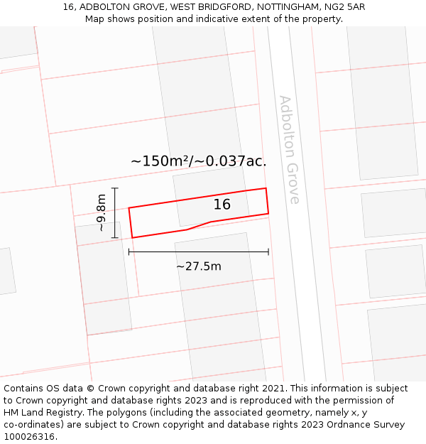 16, ADBOLTON GROVE, WEST BRIDGFORD, NOTTINGHAM, NG2 5AR: Plot and title map