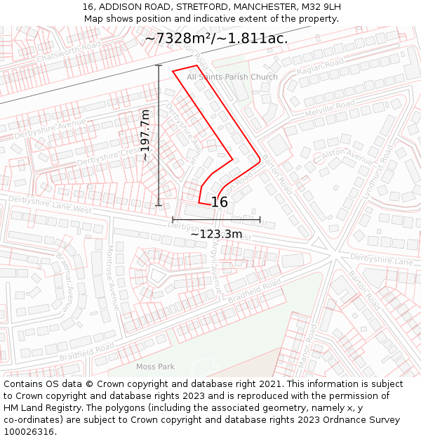 16, ADDISON ROAD, STRETFORD, MANCHESTER, M32 9LH: Plot and title map