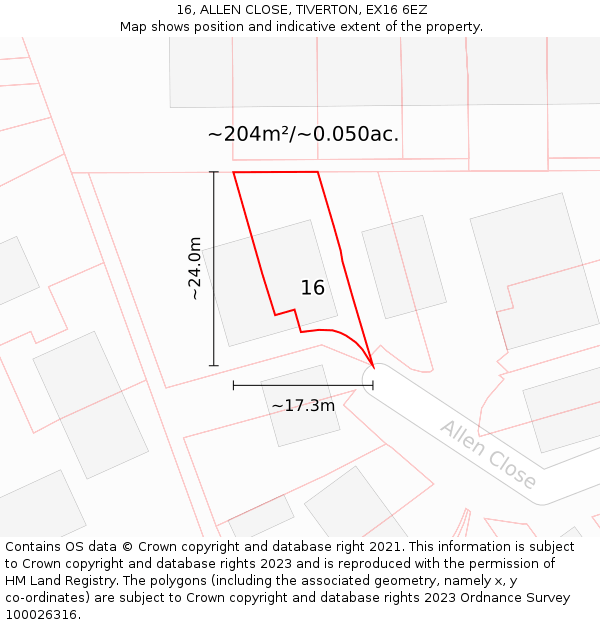 16, ALLEN CLOSE, TIVERTON, EX16 6EZ: Plot and title map