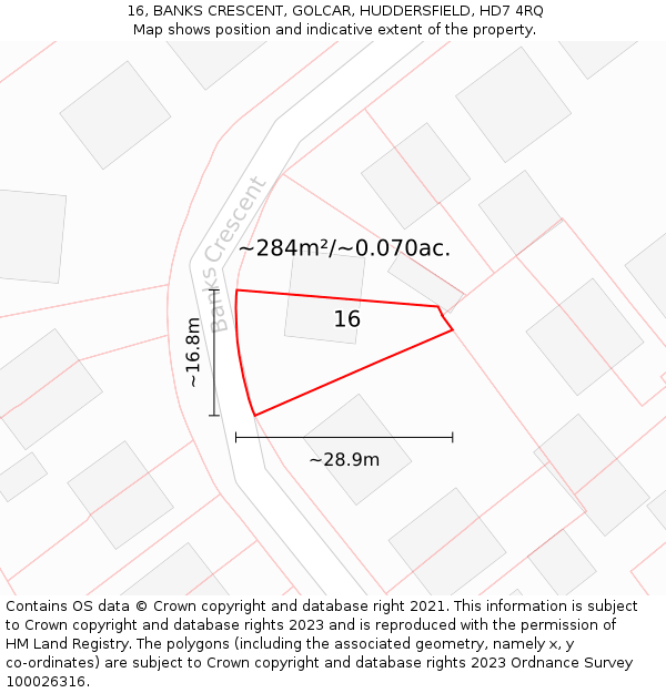 16, BANKS CRESCENT, GOLCAR, HUDDERSFIELD, HD7 4RQ: Plot and title map