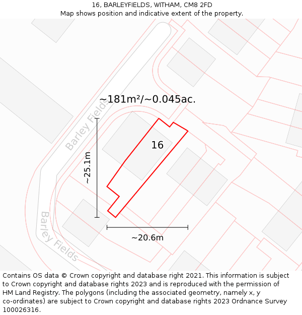 16, BARLEYFIELDS, WITHAM, CM8 2FD: Plot and title map