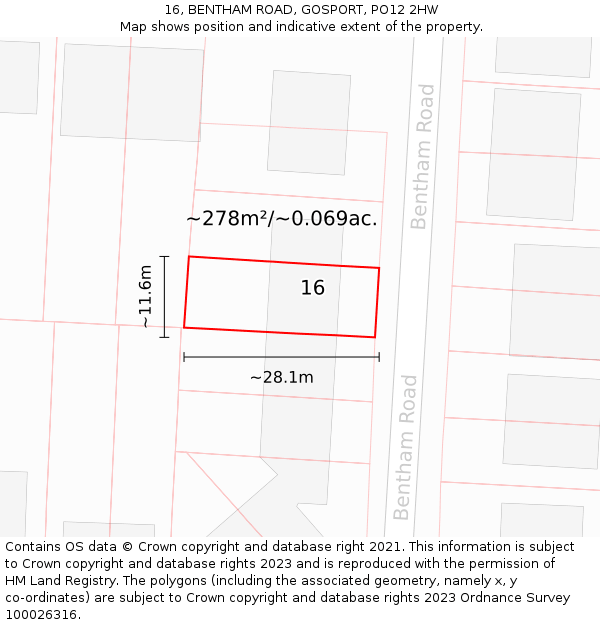 16, BENTHAM ROAD, GOSPORT, PO12 2HW: Plot and title map