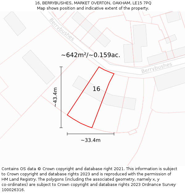 16, BERRYBUSHES, MARKET OVERTON, OAKHAM, LE15 7PQ: Plot and title map