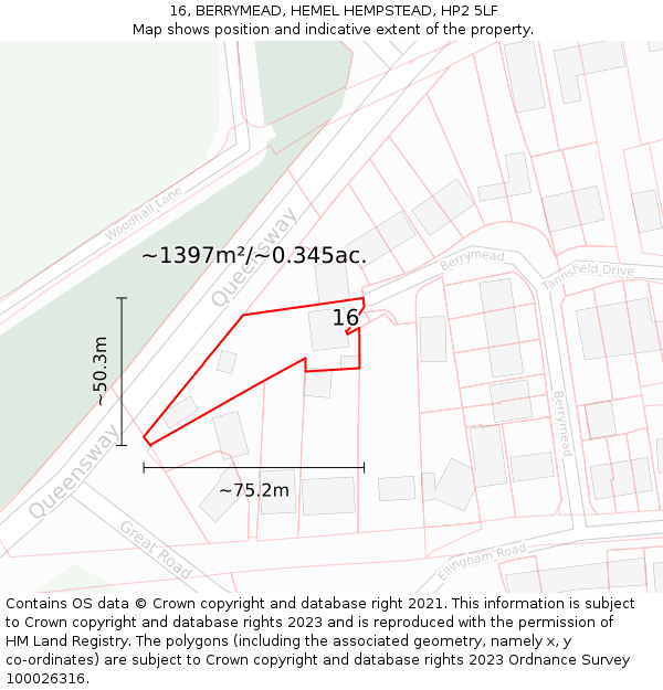 16, BERRYMEAD, HEMEL HEMPSTEAD, HP2 5LF: Plot and title map