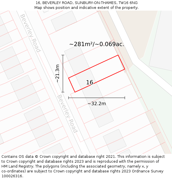 16, BEVERLEY ROAD, SUNBURY-ON-THAMES, TW16 6NG: Plot and title map