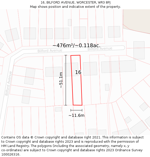 16, BILFORD AVENUE, WORCESTER, WR3 8PJ: Plot and title map