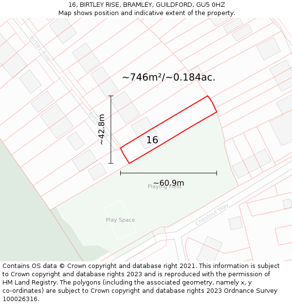 16, BIRTLEY RISE, BRAMLEY, GUILDFORD, GU5 0HZ: Plot and title map