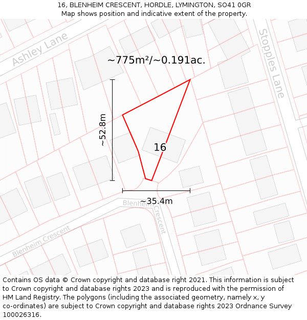 16, BLENHEIM CRESCENT, HORDLE, LYMINGTON, SO41 0GR: Plot and title map