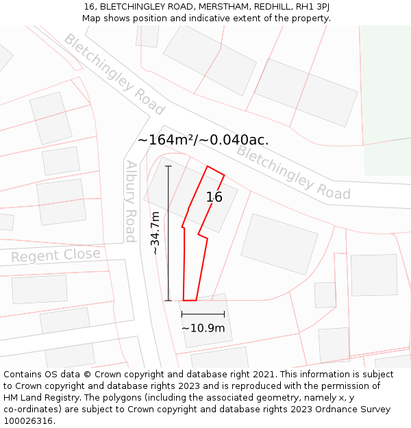 16, BLETCHINGLEY ROAD, MERSTHAM, REDHILL, RH1 3PJ: Plot and title map