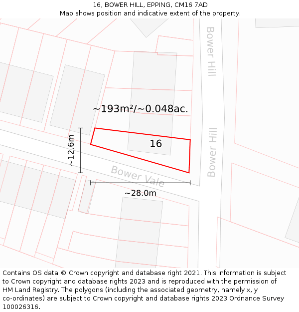 16, BOWER HILL, EPPING, CM16 7AD: Plot and title map