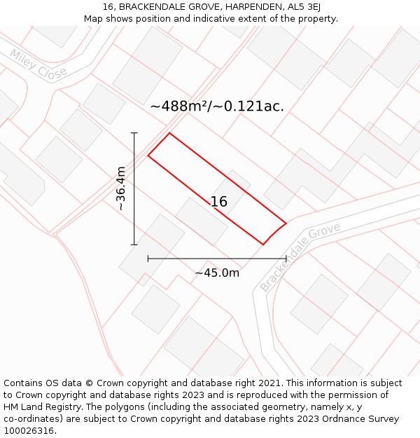 16, BRACKENDALE GROVE, HARPENDEN, AL5 3EJ: Plot and title map