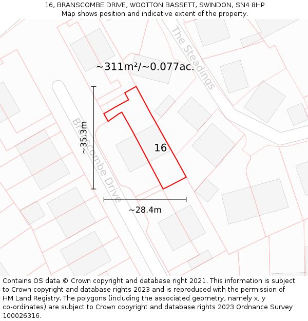 16, BRANSCOMBE DRIVE, WOOTTON BASSETT, SWINDON, SN4 8HP: Plot and title map