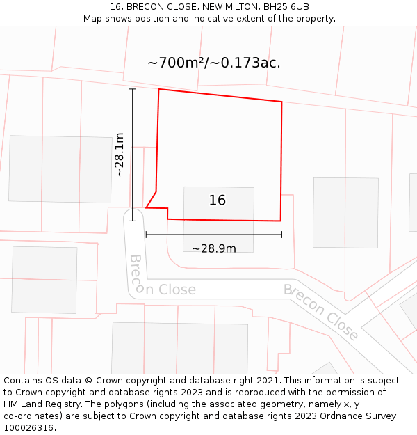 16, BRECON CLOSE, NEW MILTON, BH25 6UB: Plot and title map