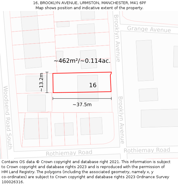 16, BROOKLYN AVENUE, URMSTON, MANCHESTER, M41 6PF: Plot and title map