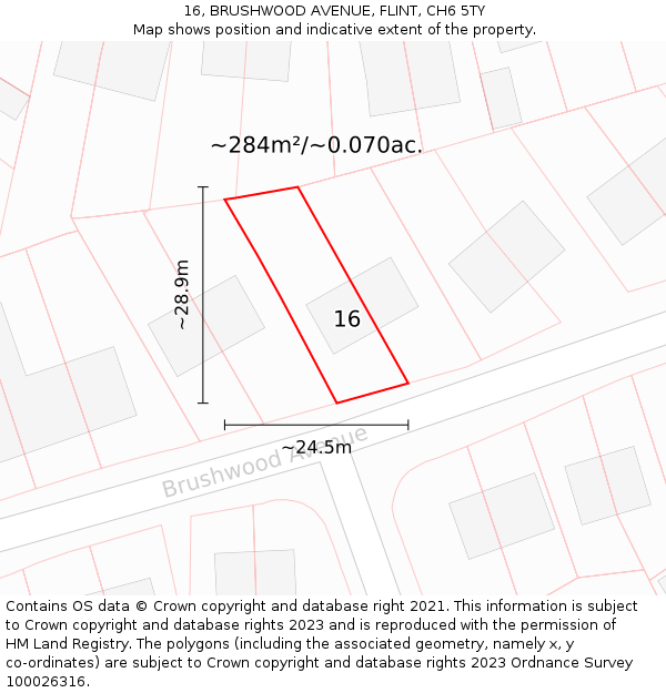 16, BRUSHWOOD AVENUE, FLINT, CH6 5TY: Plot and title map