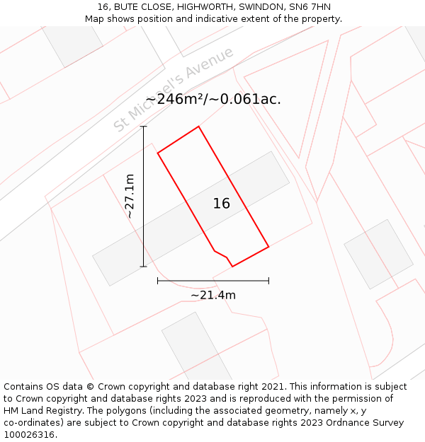 16, BUTE CLOSE, HIGHWORTH, SWINDON, SN6 7HN: Plot and title map