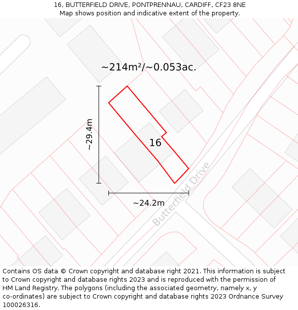 16, BUTTERFIELD DRIVE, PONTPRENNAU, CARDIFF, CF23 8NE: Plot and title map