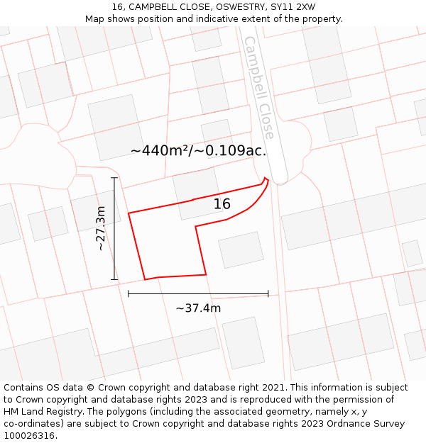 16, CAMPBELL CLOSE, OSWESTRY, SY11 2XW: Plot and title map