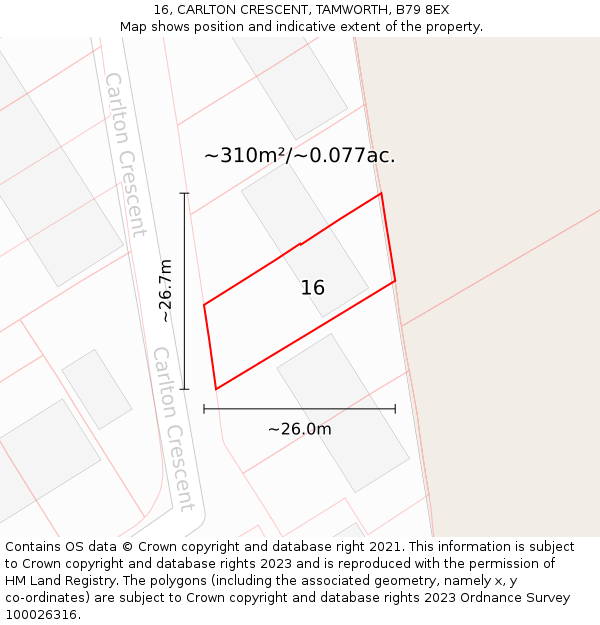 16, CARLTON CRESCENT, TAMWORTH, B79 8EX: Plot and title map