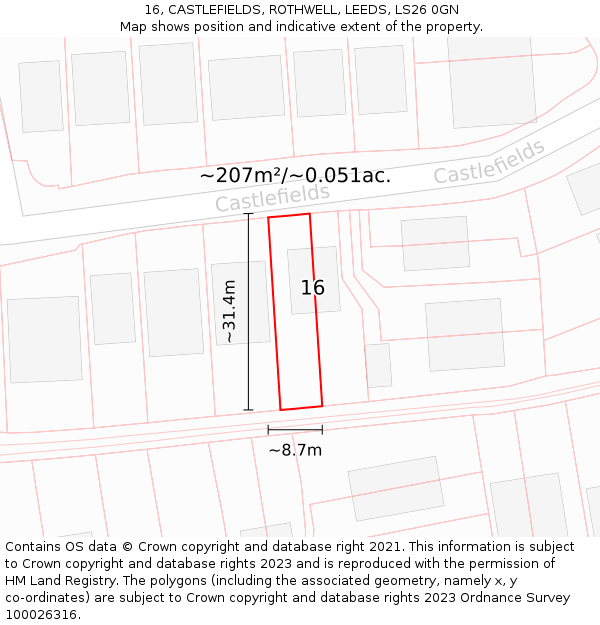 16, CASTLEFIELDS, ROTHWELL, LEEDS, LS26 0GN: Plot and title map
