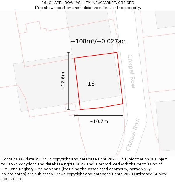 16, CHAPEL ROW, ASHLEY, NEWMARKET, CB8 9ED: Plot and title map