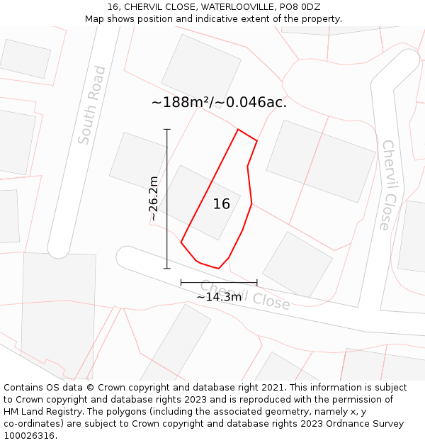 16, CHERVIL CLOSE, WATERLOOVILLE, PO8 0DZ: Plot and title map