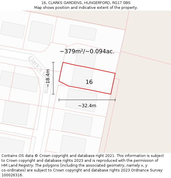 16, CLARKS GARDENS, HUNGERFORD, RG17 0BS: Plot and title map