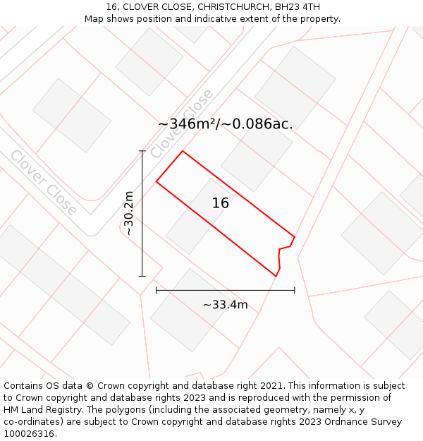 16, CLOVER CLOSE, CHRISTCHURCH, BH23 4TH: Plot and title map