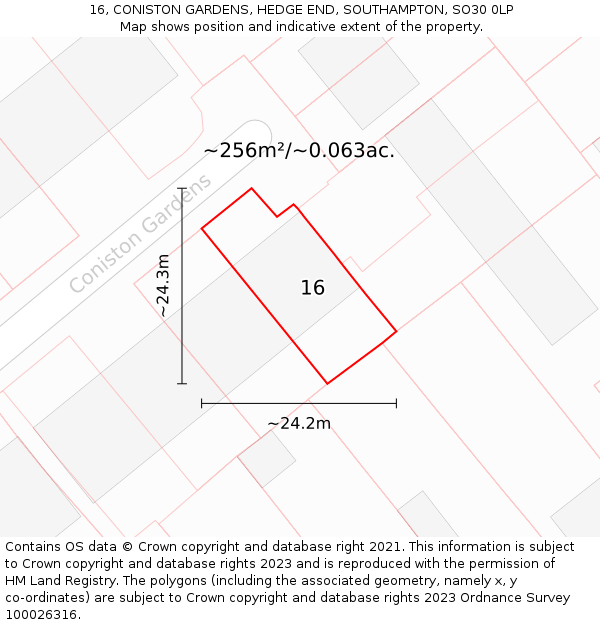 16, CONISTON GARDENS, HEDGE END, SOUTHAMPTON, SO30 0LP: Plot and title map