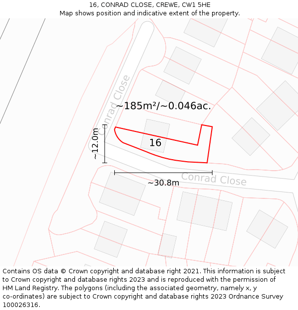 16, CONRAD CLOSE, CREWE, CW1 5HE: Plot and title map