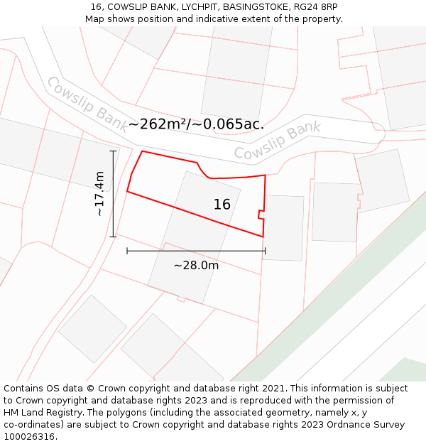 16, COWSLIP BANK, LYCHPIT, BASINGSTOKE, RG24 8RP: Plot and title map