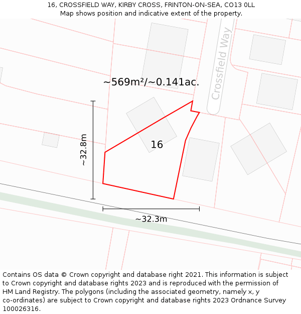 16, CROSSFIELD WAY, KIRBY CROSS, FRINTON-ON-SEA, CO13 0LL: Plot and title map