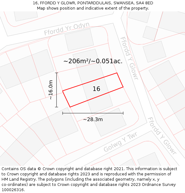 16, FFORDD Y GLOWR, PONTARDDULAIS, SWANSEA, SA4 8ED: Plot and title map