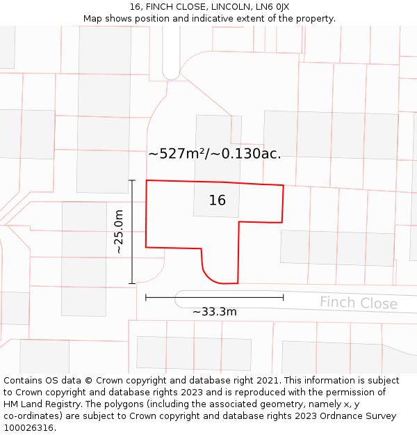 16, FINCH CLOSE, LINCOLN, LN6 0JX: Plot and title map