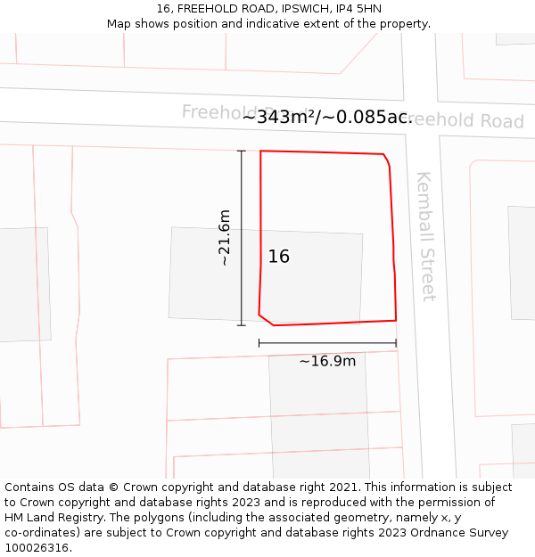 16, FREEHOLD ROAD, IPSWICH, IP4 5HN: Plot and title map