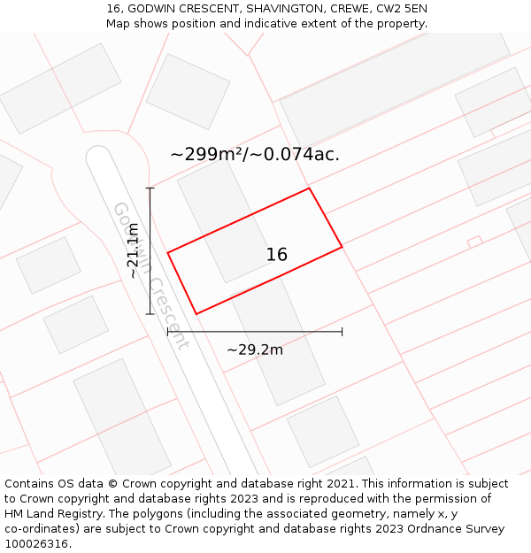 16, GODWIN CRESCENT, SHAVINGTON, CREWE, CW2 5EN: Plot and title map