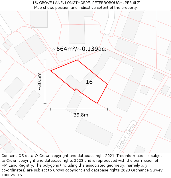 16, GROVE LANE, LONGTHORPE, PETERBOROUGH, PE3 6LZ: Plot and title map