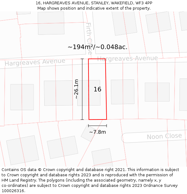 16, HARGREAVES AVENUE, STANLEY, WAKEFIELD, WF3 4PP: Plot and title map