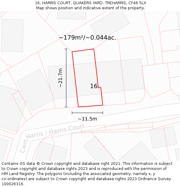 16, HARRIS COURT, QUAKERS YARD, TREHARRIS, CF46 5LX: Plot and title map