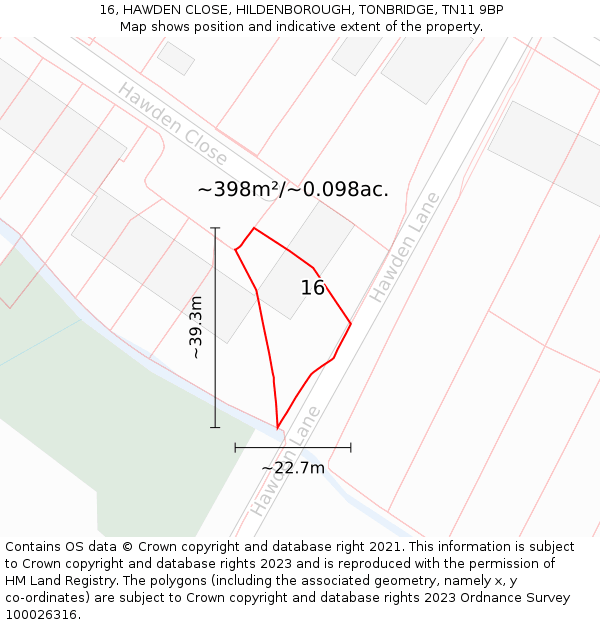 16, HAWDEN CLOSE, HILDENBOROUGH, TONBRIDGE, TN11 9BP: Plot and title map