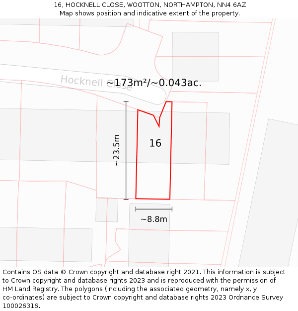 16, HOCKNELL CLOSE, WOOTTON, NORTHAMPTON, NN4 6AZ: Plot and title map