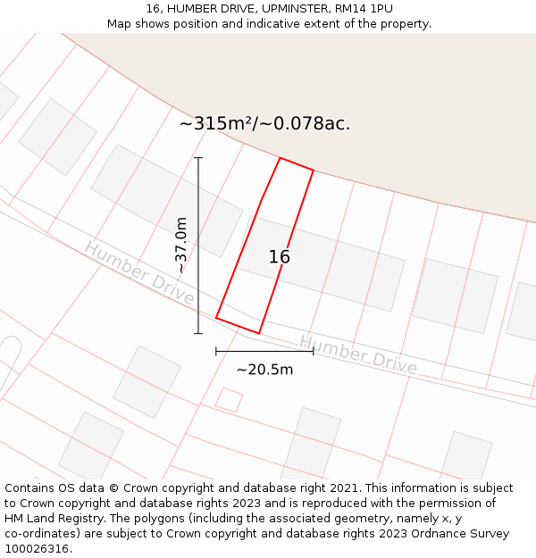 16, HUMBER DRIVE, UPMINSTER, RM14 1PU: Plot and title map
